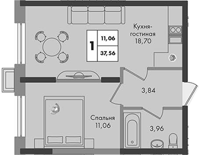 1-комн., 37.56 м², 5/9 этаж, ЖК «Зеленая территория»