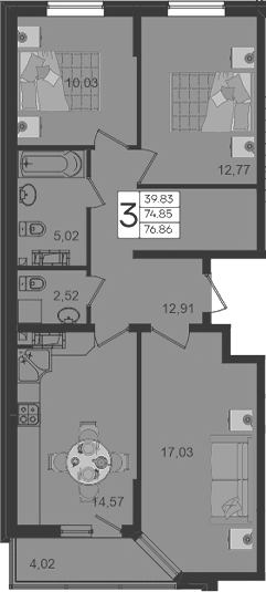 Продается 3-комн. квартира, 74.85 м²