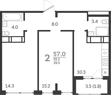 Продается 2-комн. квартира, 55.2 м²