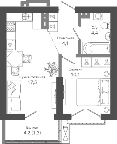 2-комн., 36.1 м², 12/12 этаж, ЖК «Флора»