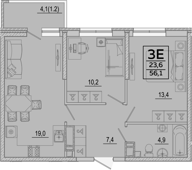 3-комн., 54.9 м², 22/24 этаж, ЖК «Улыбка»