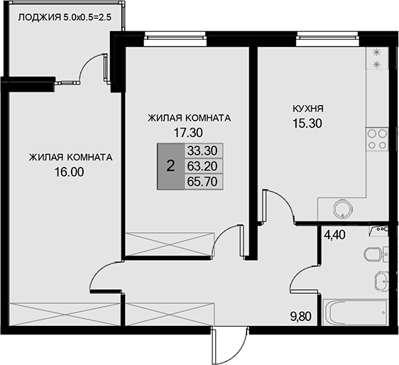 2-комн., 63.2 м², 2/7 этаж, ЖК «История»