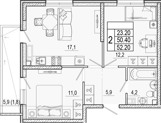 3-комн., 50.4 м², 2/15 этаж, ЖК «Лестория»