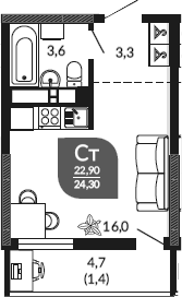 Студия, 22.9 м², 23/23 этаж, ЖК «Облака»