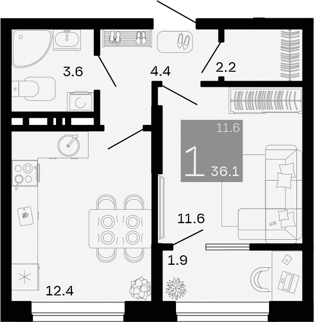 1-комн., 34.2 м², 7/9 этаж, ЖК «Хозяин Морей»
