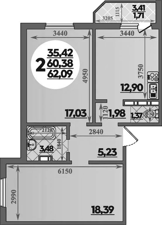 2-комн., 60.38 м², 3/8 этаж, ЖК «Молодежный 2»