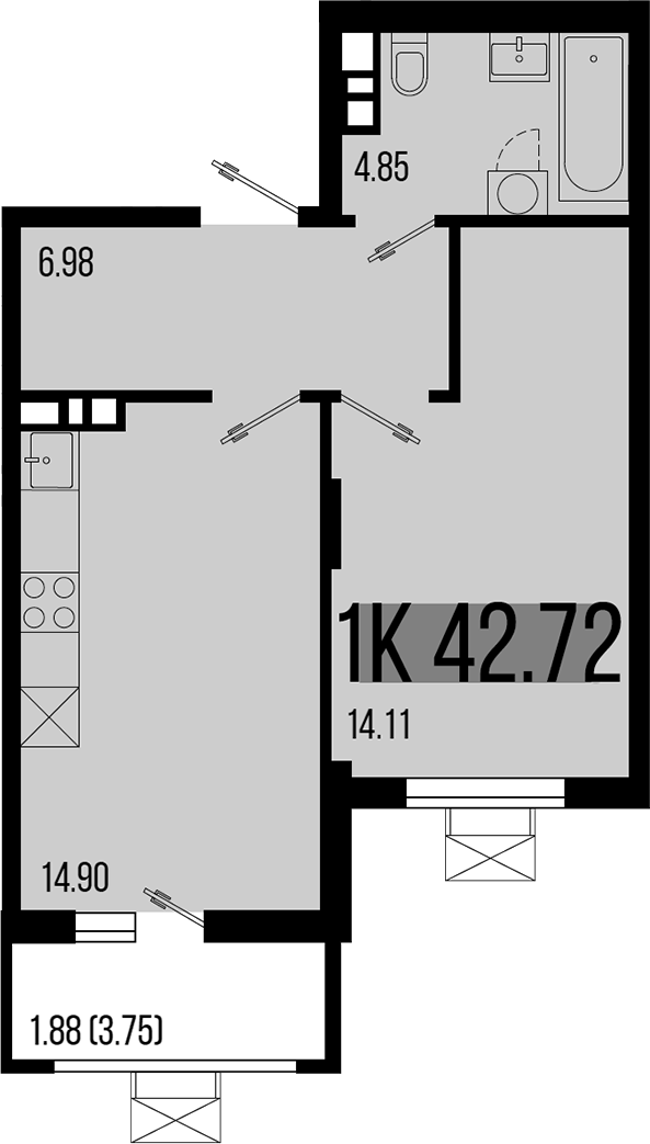 1-комн., 40.84 м², 5/8 этаж, ЖК «Цветной бульвар»