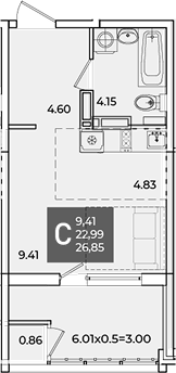 Студия, 23.85 м², 16/18 этаж, ЖК «Образцово»