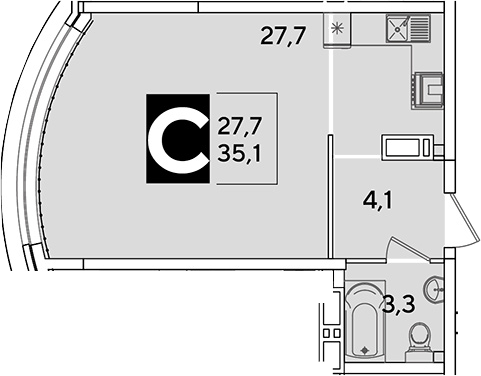 Студия, 35.1 м², 10/16 этаж, ЖК «Самолет»