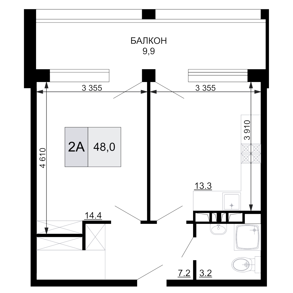 2-комн., 38.1 м², 3/9 этаж, ЖК «Гостиничный комплекс Мореград»
