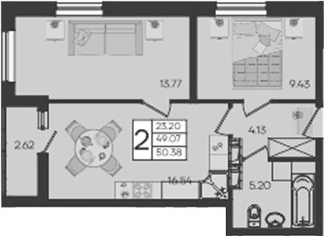 Продается 2-комн. квартира, 49.07 м²