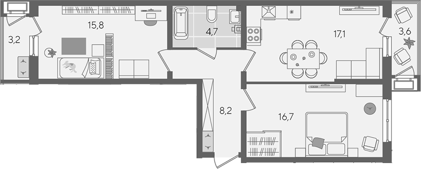3-комн., 62.5 м², 2/24 этаж, ЖК «Рекорд»