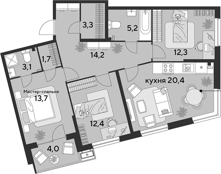 4+ комнаты, 86.3 м², 2/18 этаж, ЖК «Парк Победы»