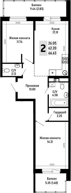 Продается 2-комн. квартира, 62.2 м²
