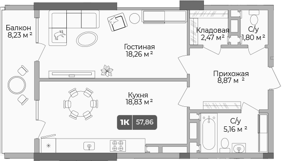1-комн., 55.39 м², 4/17 этаж, ЖК «Золотой берег. СЗ Среда»