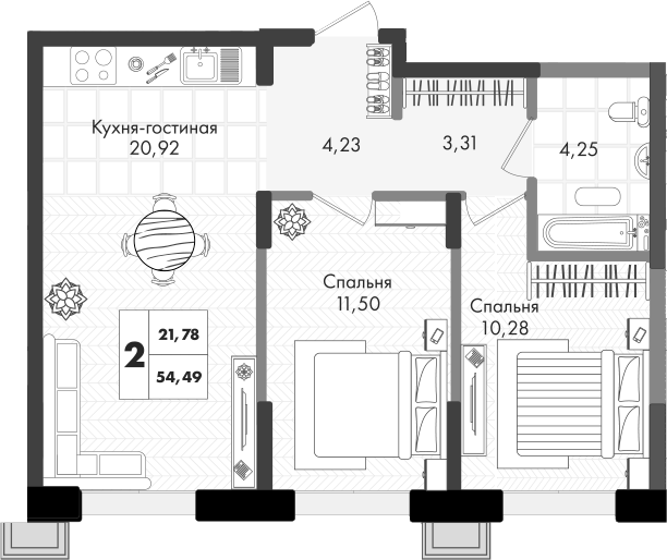 3-комн., 54.49 м², 8/9 этаж, ЖК «Зеленая территория»