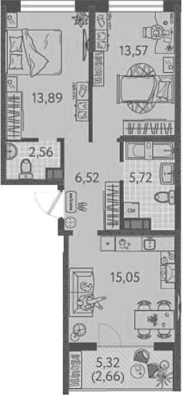 2-комн., 57.31 м², 9/9 этаж, ЖК «Друзья»
