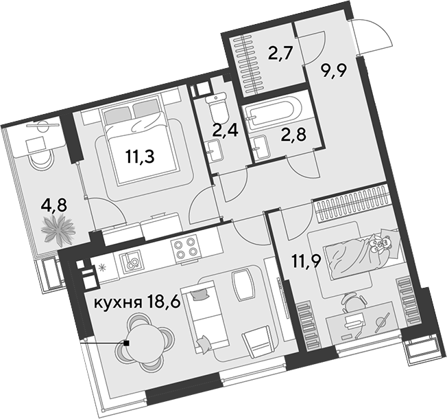 Продается 3-комн. квартира, 59.6 м²