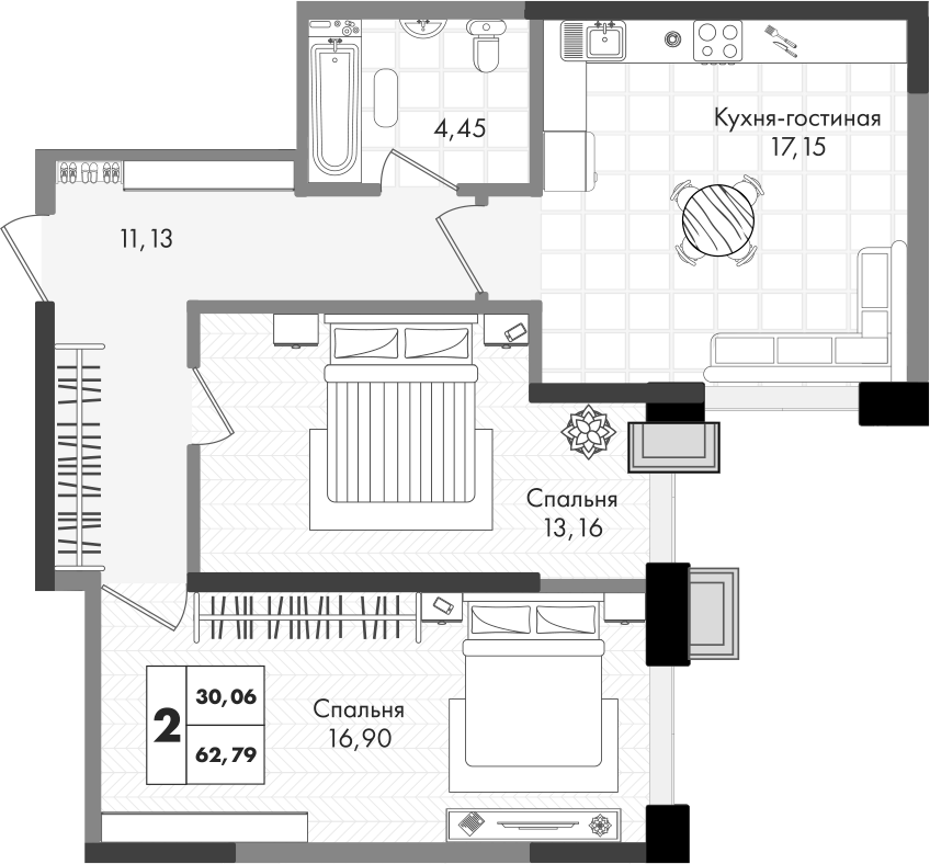 3-комн., 62.79 м², 7/9 этаж, ЖК «Зеленая территория»