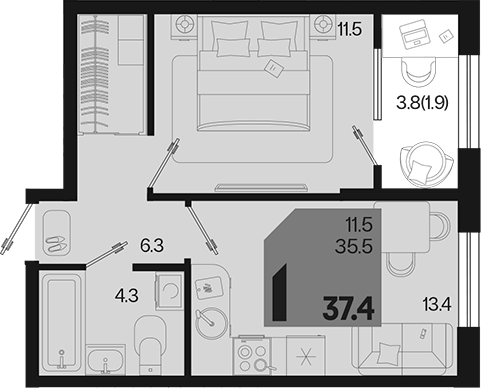 1-комн., 35.5 м², 2/18 этаж, ЖК «Первое место»
