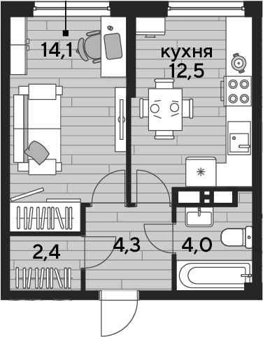 1-комн., 37.3 м², 11/19 этаж, ЖК «DОГМА ПАРК»