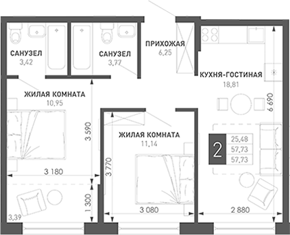 Продается 2-комн. квартира, 57.51 м²