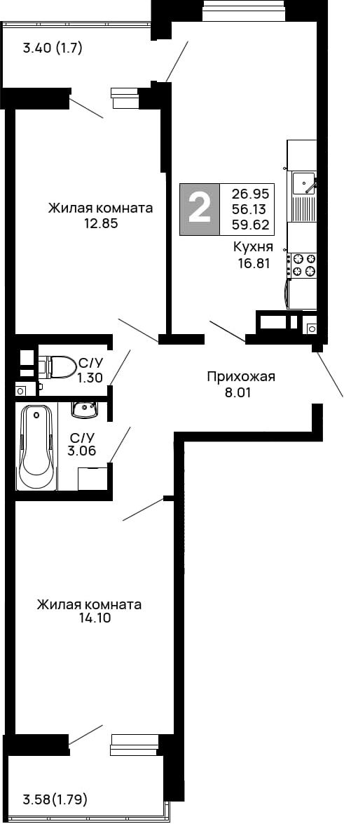 2-комн., 56.13 м², 5/13 этаж, ЖК «Долина»