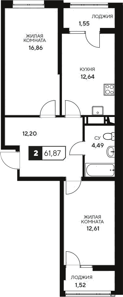 2-комн., 58.8 м², 6/20 этаж, ЖК «Центральный. Гамма»