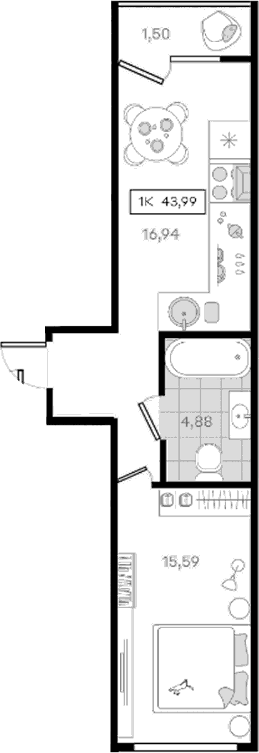 1-комн., 42.49 м², 3/8 этаж, ЖК «История 3»