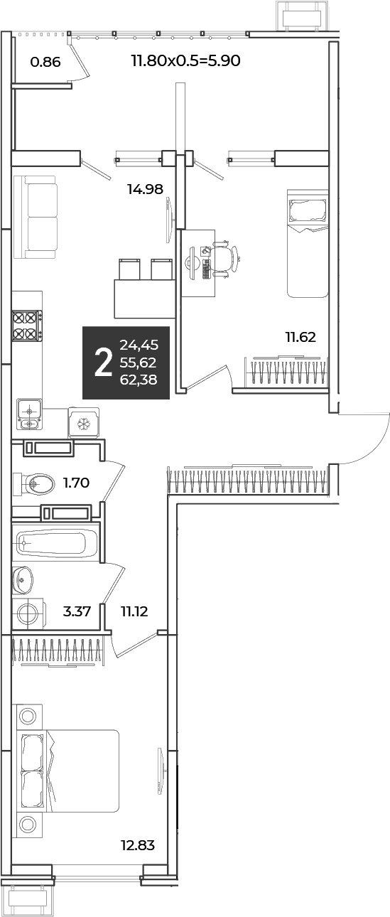 Продается 2-комн. квартира, 55.62 м²