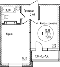 1-комн., 33.77 м², 13/16 этаж, ЖК «Друг»