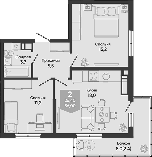 3-комн., 53.6 м², 3/24 этаж, ЖК «Облака»