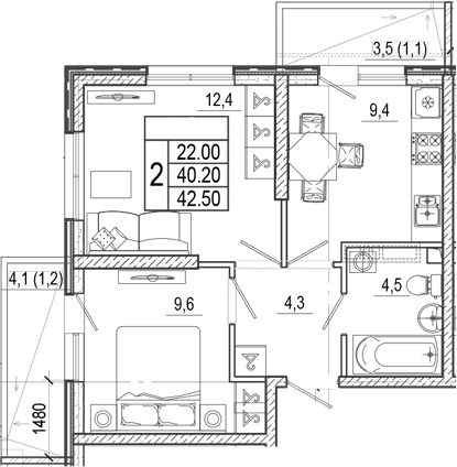 2-комн., 40.2 м², 1/15 этаж, ЖК «Лестория»