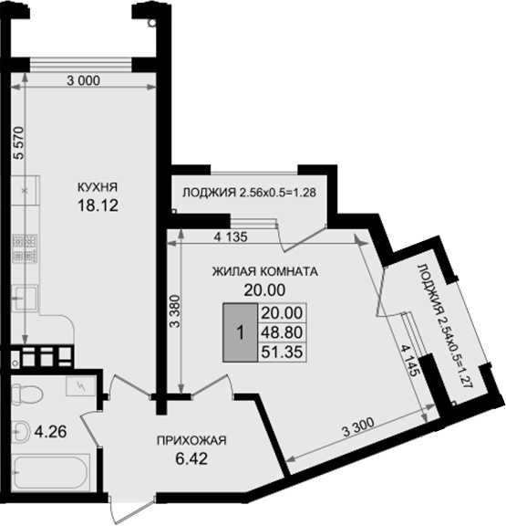 1-комн., 48.8 м², 3/8 этаж, ЖК «Резиденция морей»