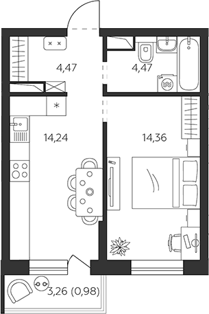 1-комн., 37.54 м², 8/9 этаж, ЖК «К24»