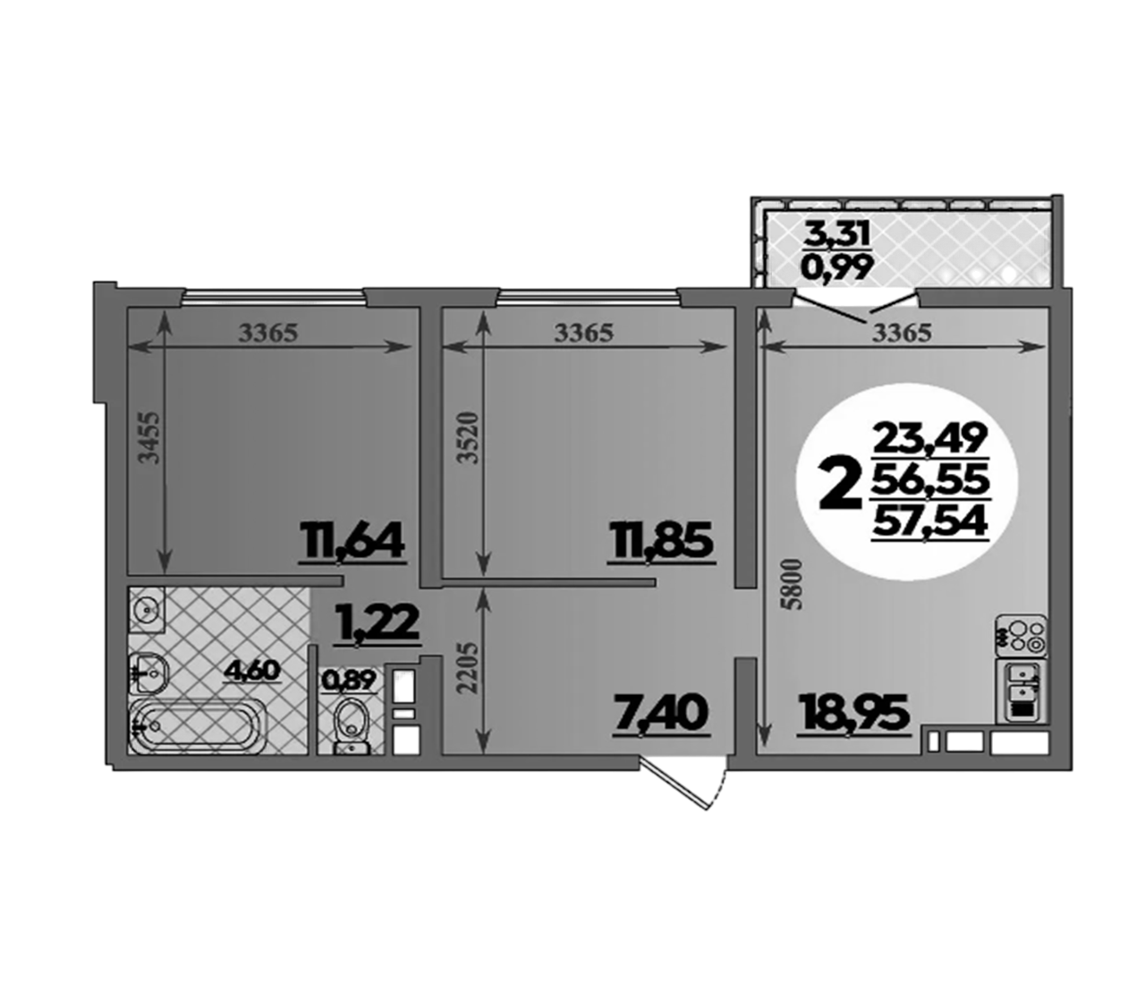 2-комн., 56.55 м², 12/16 этаж, ЖК «Город у моря»
