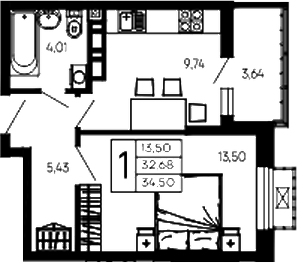 1-комн., 32.68 м², 7/14 этаж, ЖК «Эпос»
