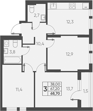 Продается 3-комн. квартира, 67.2 м²