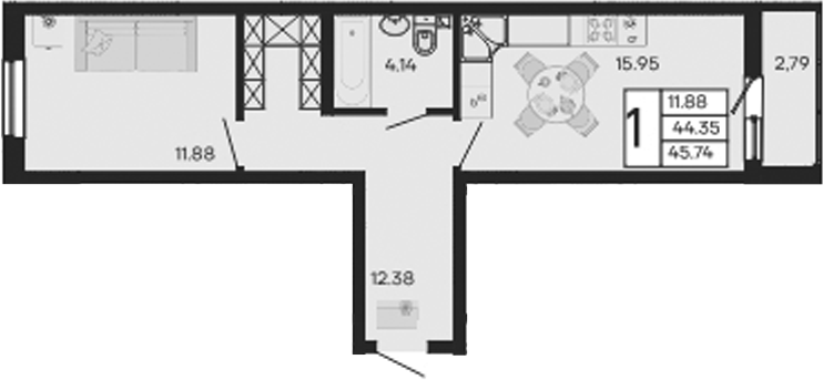 Продается 1-комн. квартира, 44.34 м²
