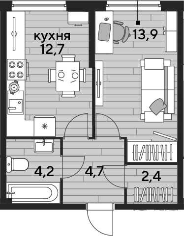 1-комн., 37.9 м², 2/19 этаж, ЖК «DОГМА ПАРК»