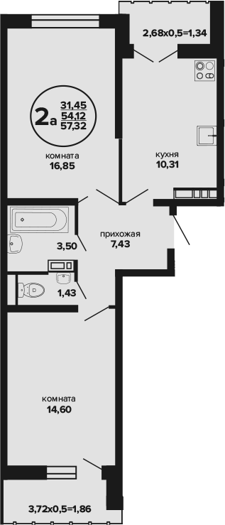 2-комн., 54.12 м², 24/24 этаж, ЖК «Гулливер»