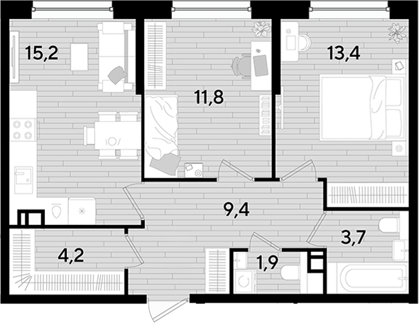 2-комн., 59.6 м², 7/16 этаж, ЖК «DОГМА ПАРК»