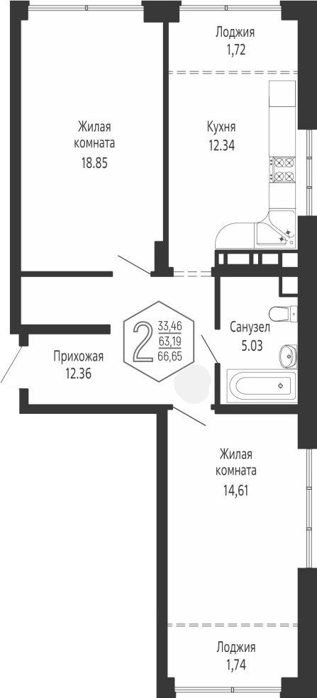 2-комн., 63.19 м², 3/24 этаж, ЖК «Гарантия PRIME»