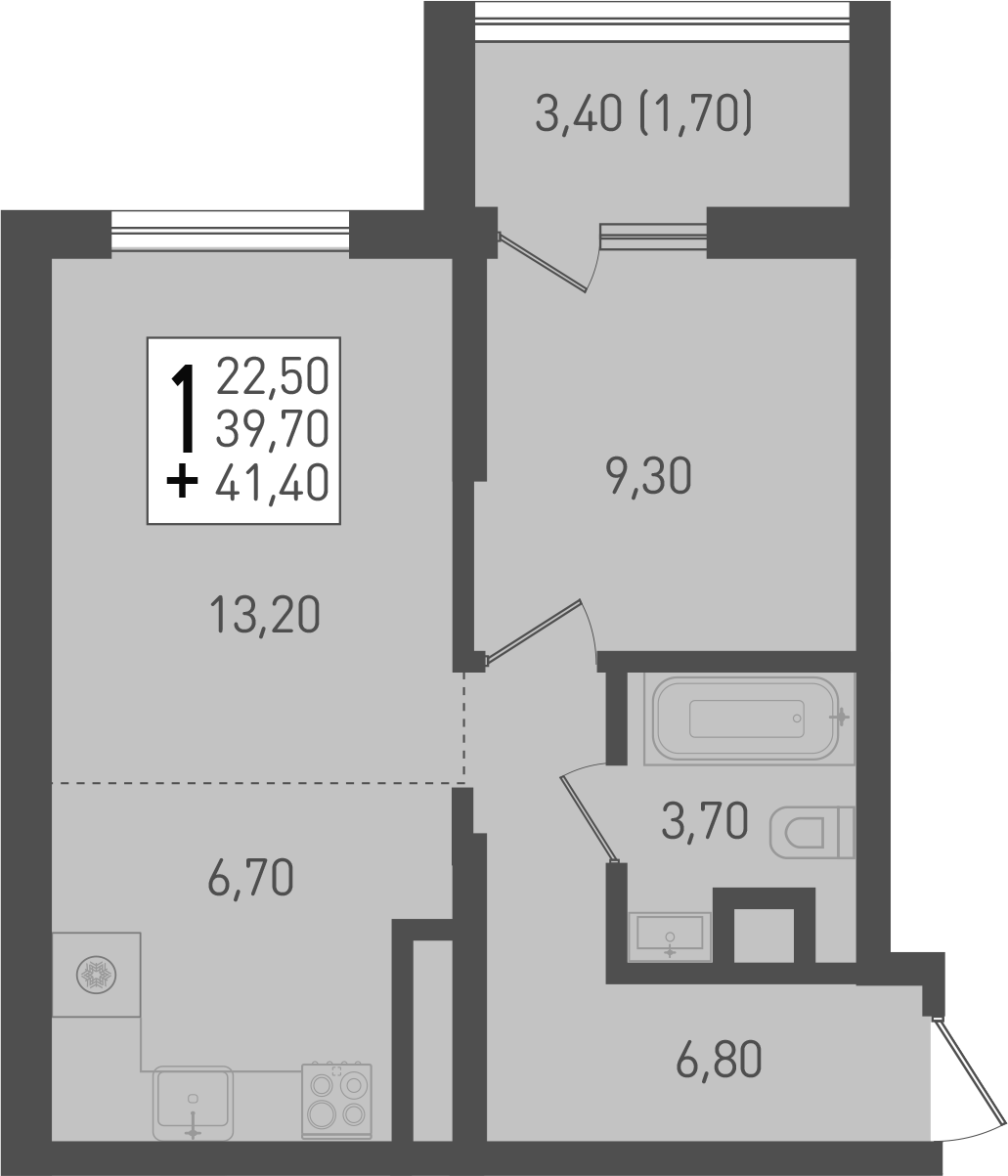 2-комн., 39.8 м², 3/8 этаж, ЖК «Югге»