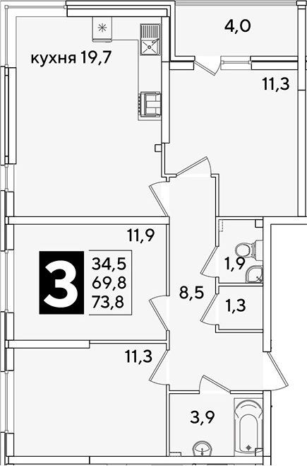 4+ комнаты, 69.8 м², 2/16 этаж, ЖК «Самолет»