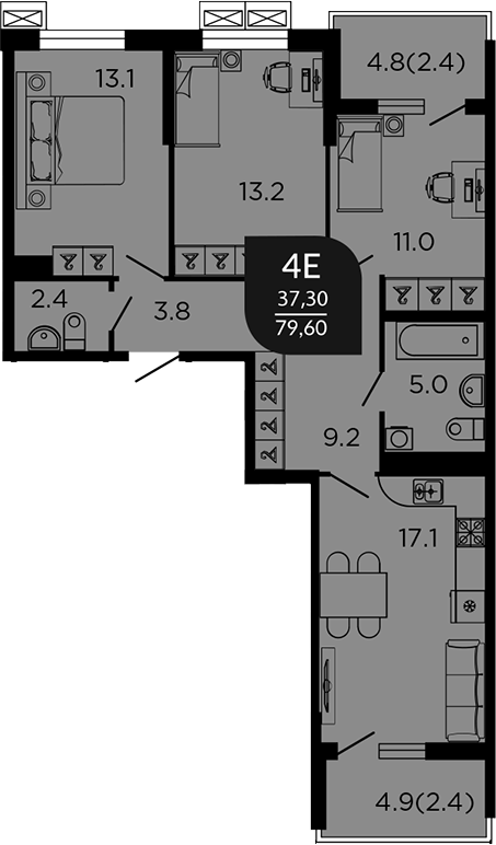 4+ комнаты, 76.95 м², 4/23 этаж, ЖК «Отражение. Дарстрой»