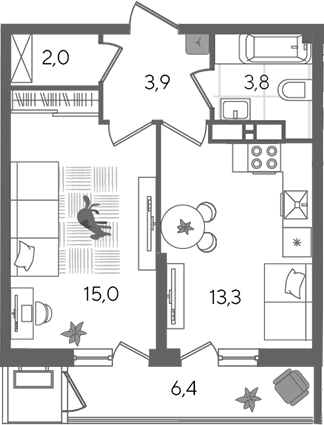 1-комн., 38 м², 24/24 этаж, ЖК «Рекорд»