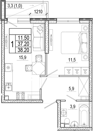 2-комн., 37.2 м², 1/15 этаж, ЖК «Лестория»