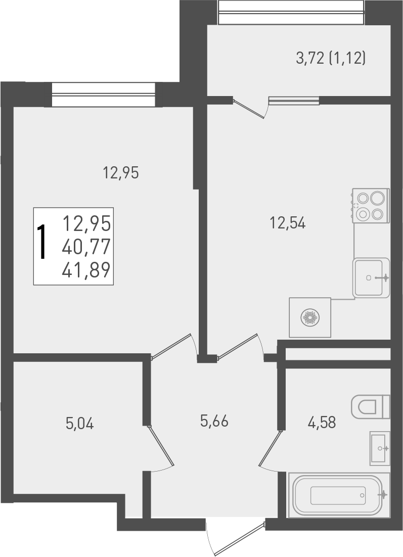 1-комн., 40.77 м², 7/9 этаж, ЖК «Югге»