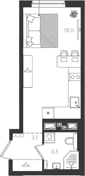 Студия, 24.6 м², 3/9 этаж, ЖК «Самолет»